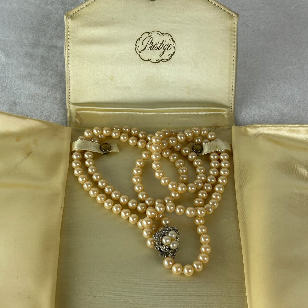 1940s Vintage Prestige Faux Pearl 2 Strand Necklace 21" Fancy Rhinestone Clasp